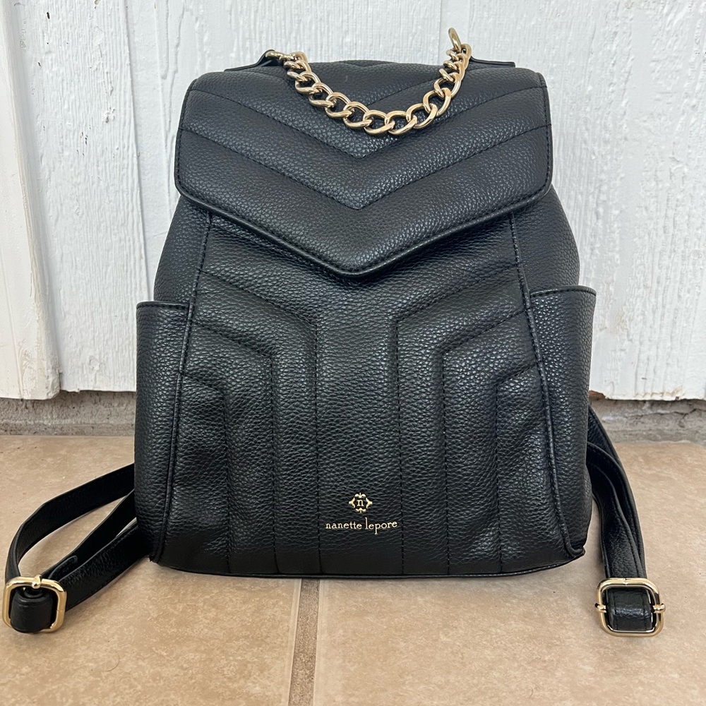 Nanette Lepore Black Faux Leather Backpack with Gold Chain